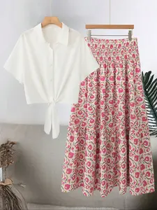 Plus Size Women's Floral Print Shirt Set, Front Tie Design Drop Shoulder Short Sleeve Top, Waist Cinched Half Skirt, Womenswear