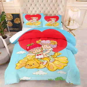 Strawberry Friends Pattern Bedding Set, Includes 1 Quilt and 1-2 Pillowcases, Soft Bedroom Decor, Perfect Gift for Girls
