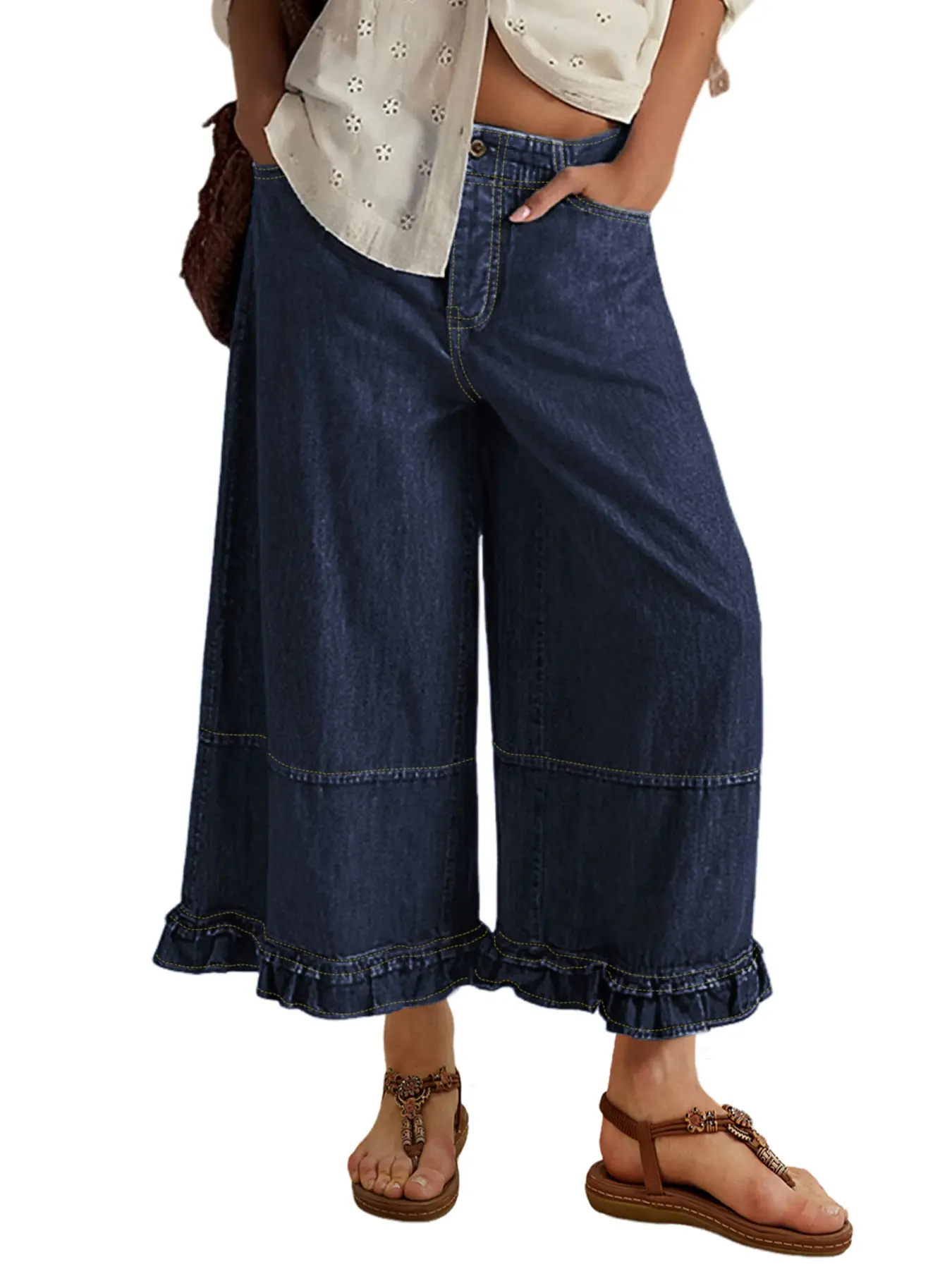 Aswulk Womens Ruffle Hem Wide Leg Jeans Mid Rise Baggy Cropped