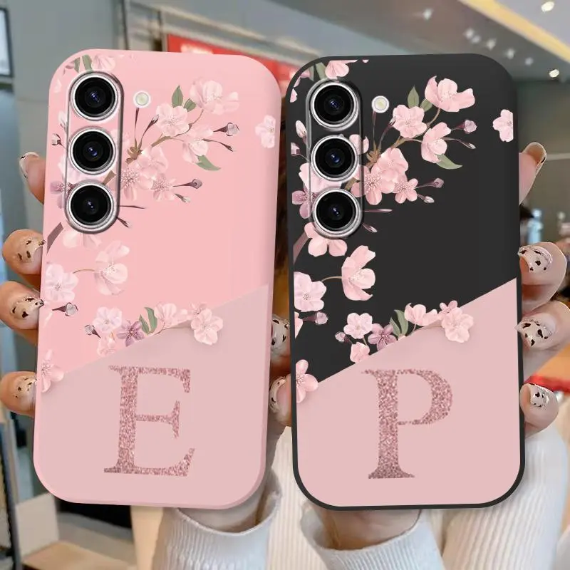 Initial Letter A Z Phone Case For Samsung Galaxy A15 A16 A14 A06 5G Cover Pink Flowers Soft Silicone Back Funda Coque TPU Bumper