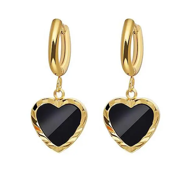 Stately Steel Black Mother-of-Pearl Hoop Heart Drop Earrings