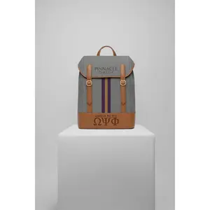 Omega Psi Phi Pinnacle Legacy Collection Backpack - Charcoal Nylon Fabric with Cognac Leather Trim & Royal Purple Stripe - Ideal for Work Travel & Chapter Events