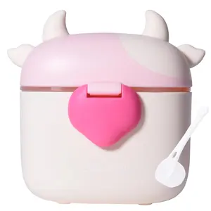 Baby Formula Dispenser On The Go, Formula Container to Go, Formula Holder for Travel, Candy Fruit Snack Storage Container with Scoop and Leveller (Light Pink Cow)
