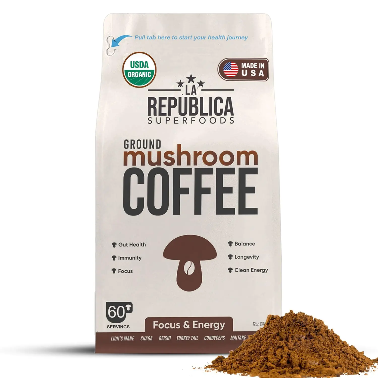 La Republica Ground Mushroom Coffee, Organic & Fair Trade Arabica with 7 Superfood Shrooms Full Fruiting Bodies, Lion's Mane, Reishi, Chaga, Cordyceps, Turkey Tail, (Medium Roast, 60 Servings)