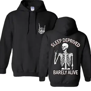 Sleep Deprived Barely Alive Hoodie, Skeleton Gothic Sweatshirt, Funny Tired Aesthetic Pullover for Unisex, Casual Comfy Wear, Unique Graphic Design	