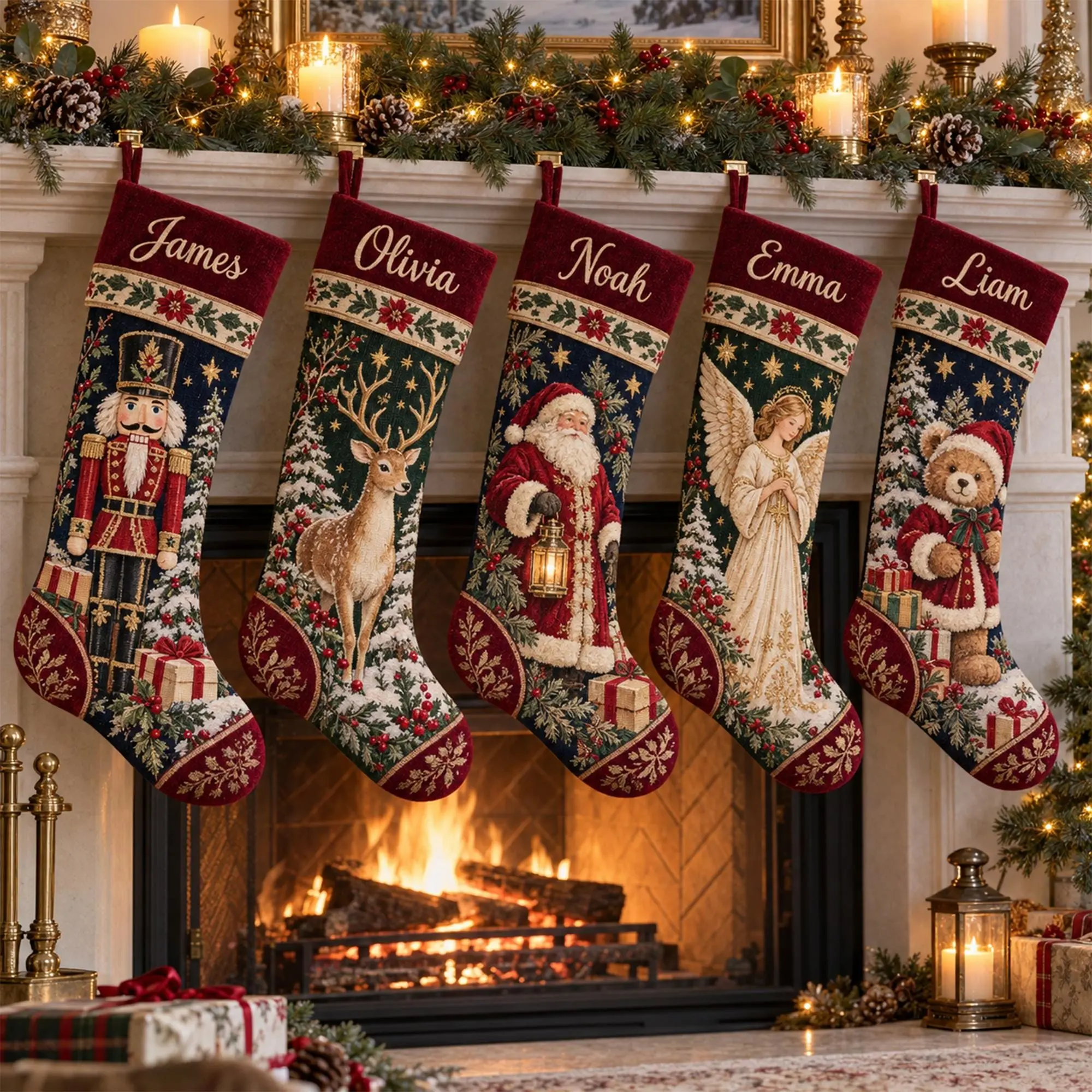 Personalized Christmas Stocking, Vintage Tapestry Style Custom Name Stocking, Traditional Fireplace Mantel Decor, Family Holiday Decor