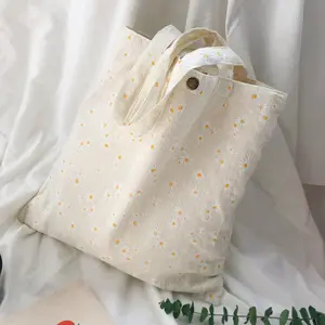 Daisy Embroidery Tote Bag Floral Shoulder Bag Cotton Canvas Back to School Cute Girls Women Pocket Button Bridesmaid Handbag