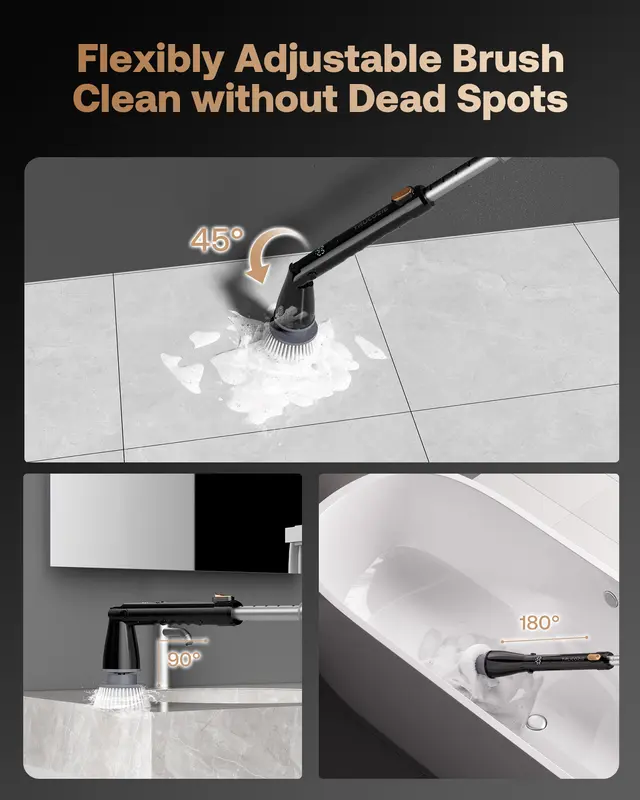 Trucozie Electric Spin Scrubber, Cordless Cleaning Brush with 440RPM/90Mins Runtime, 3 Adjustable Angles&Sizes, 6 Replaceable Brush Heads, 2 Speeds for Bathroom Glass, Car Cleaning, Bathtub, and Shower 3