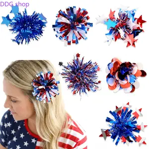 Women's Red-White-Blue Tinsel Pom Pom Hair Clips - 4th of July Patriotic Star Confetti Barrettes, 4th of July Accessories, Festive Hairpins for Independence Day Party Outfits
