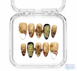 GakuNails HALO 10 PCS Medium Almond Handmade Press On 3D Flower Charm Gold Accent Builder Gel selectable size Reusable Nails