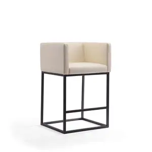 212 MAIN Mid-Century Cream & Black Metal Frame Counter Height Bar Stool, 34x20.5x21 in., Armless Legged Chair, Cushioned Fabric Dining Chair