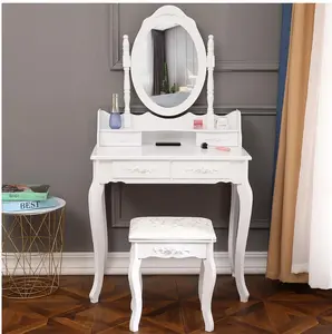 Elegance White Dressing Table Vanity Table and Stool Set Wood Makeup Desk with 4 Drawers & Mirror