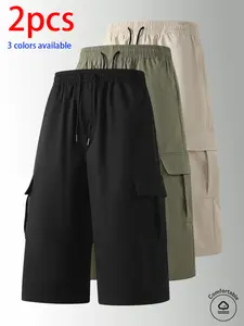 2-Pack  men’s cargo shorts, men’s seven-eighths pants (mid-thigh), and men’s cargo pants. Straight, loose fit with a drawstring waist. Solid color—casual and versatile; suitable for everyday wear, commuting to work, outdoor activities, and holiday trav