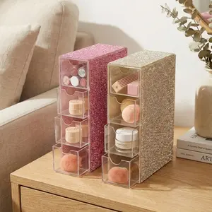 Desktop Multi-Compartment Multi Grids Diamond Embellished Makeup Organizer Box, Nail Art Nail Polish Storage Box, Creative Jewelry Holder, Desk Accessories