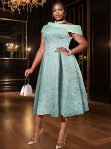 【Plus Size】 Floral Jacquard Asymmetrical Hem Party Dress, Elegant Off Shoulder Dress for Party Wedding Guest, Women's Clothes for Summer, Womenswear