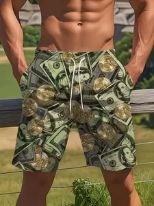 Men's Fun Money Print Swim Trunks, Bold Dollar Bill and Coin Design, Perfect for Beach, Sports, Parties, Money Pattern, Ideal Gift