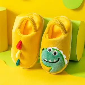 Winter Home Cotton Shoes For Children Cartoon Dinosaur Embroidery Plush Slippers Back Wrap Soft Sole Non-slip Warm Indoor Home