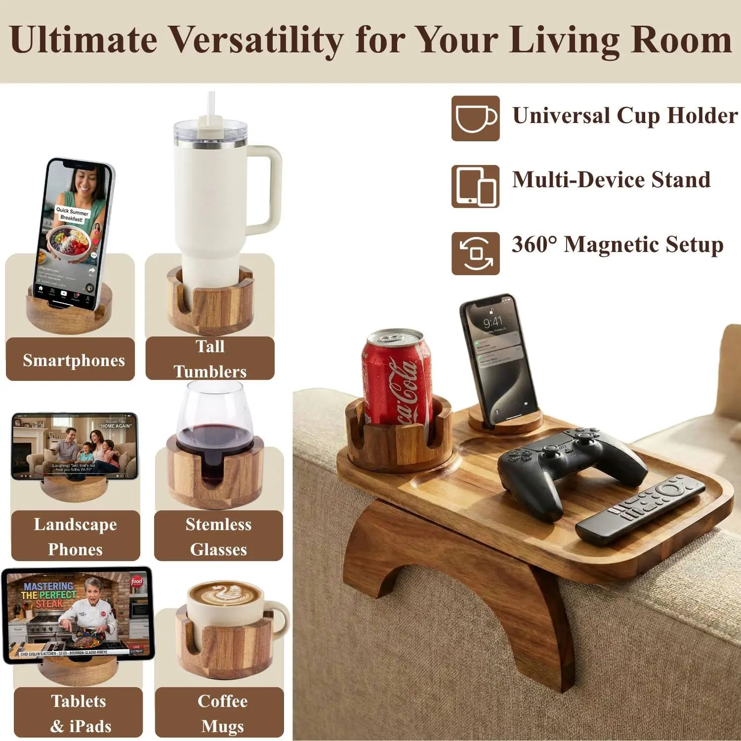 Acacia Wood Sofa Armrest Organizer, 3-in-1 Large 15.36"x9.85" Clip-On Tray Table with 360° Swivel Phone Holder – Perfect for Couch, Recliner & Chair, Holds Drinks, Snacks & Devices