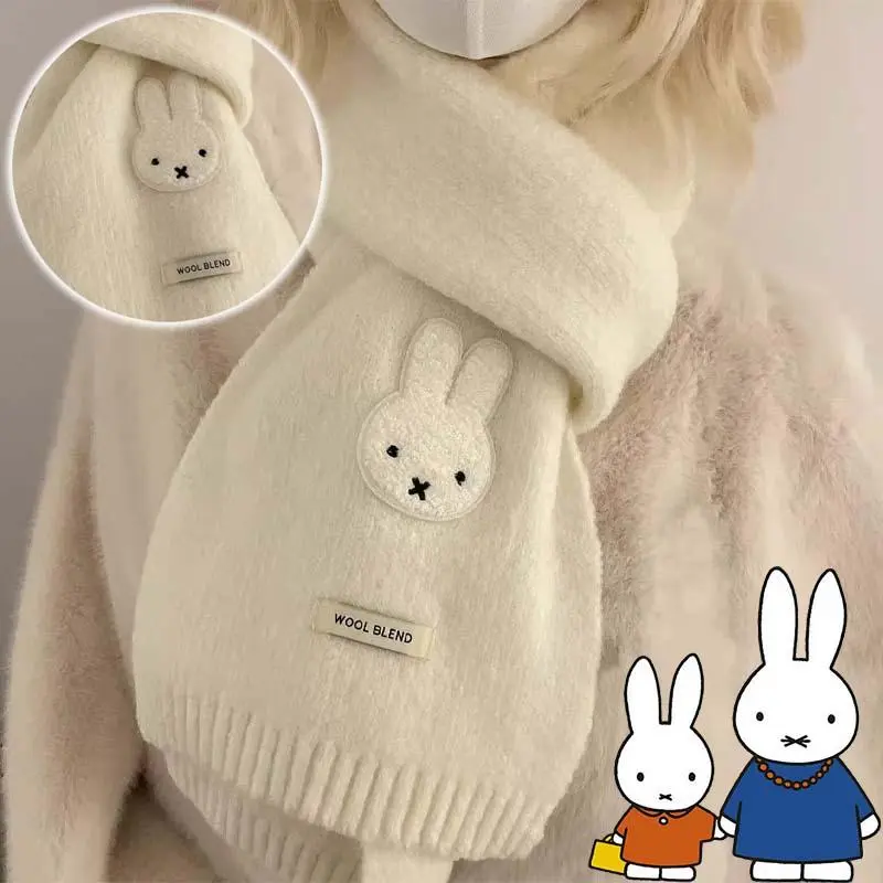 Women's Miffy Rabbit Motif Wool Yarn Knitted Winter Scarf - Thick, Warm, Cute Elastic Neckcloth for Adults, Fashion Cold-Weather Accessory
