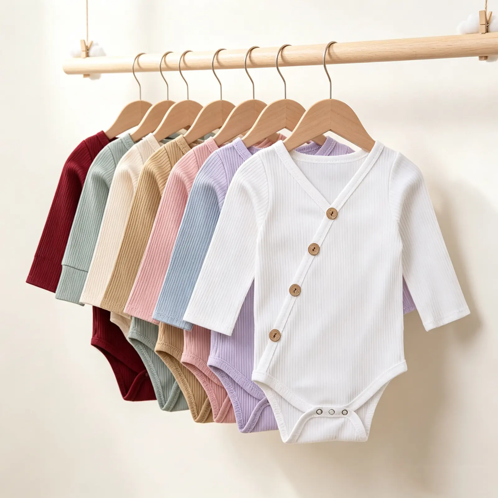 0-24 Months，Baby Romper, Solid Color Ribbed Long Sleeve V-Neck Decor Buttons Outfit, Button Closure  Jumpsuit