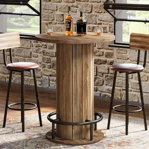 LITTLE TREE Round Bar Table, 39.4" H Wood Bistro Pub Table with Metal Ring Footrest for Dining Coffee Cocktail Living Room, Small Space, Brown(Only Table)