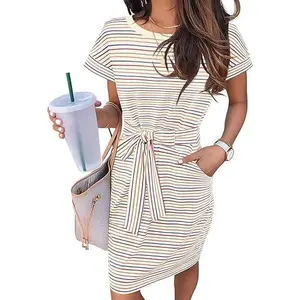 MEROKEETY Women's 2026 Summer Striped T-Shirt Dress, Short-Sleeve Crewneck, Tie-Waist, Casual Womenswear for Spring Work