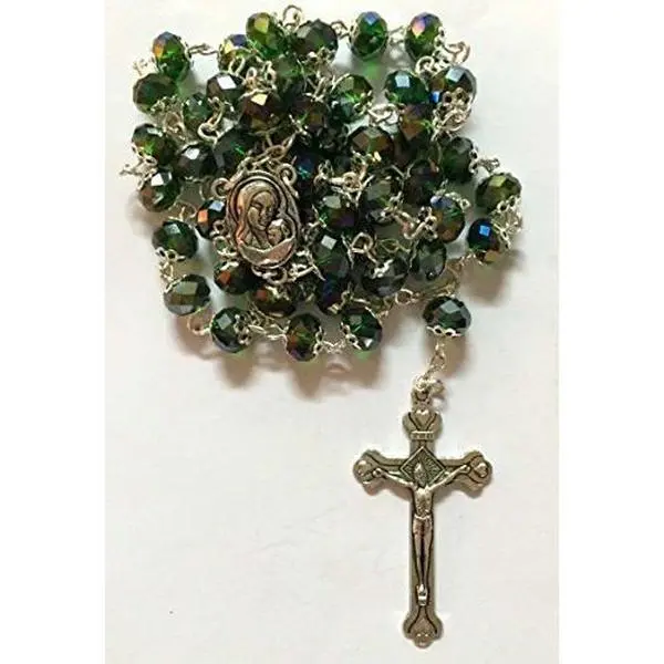 Green Glass Crystal Beads Rosary Necklace Holy Soil Medal Silver Plated New in Box