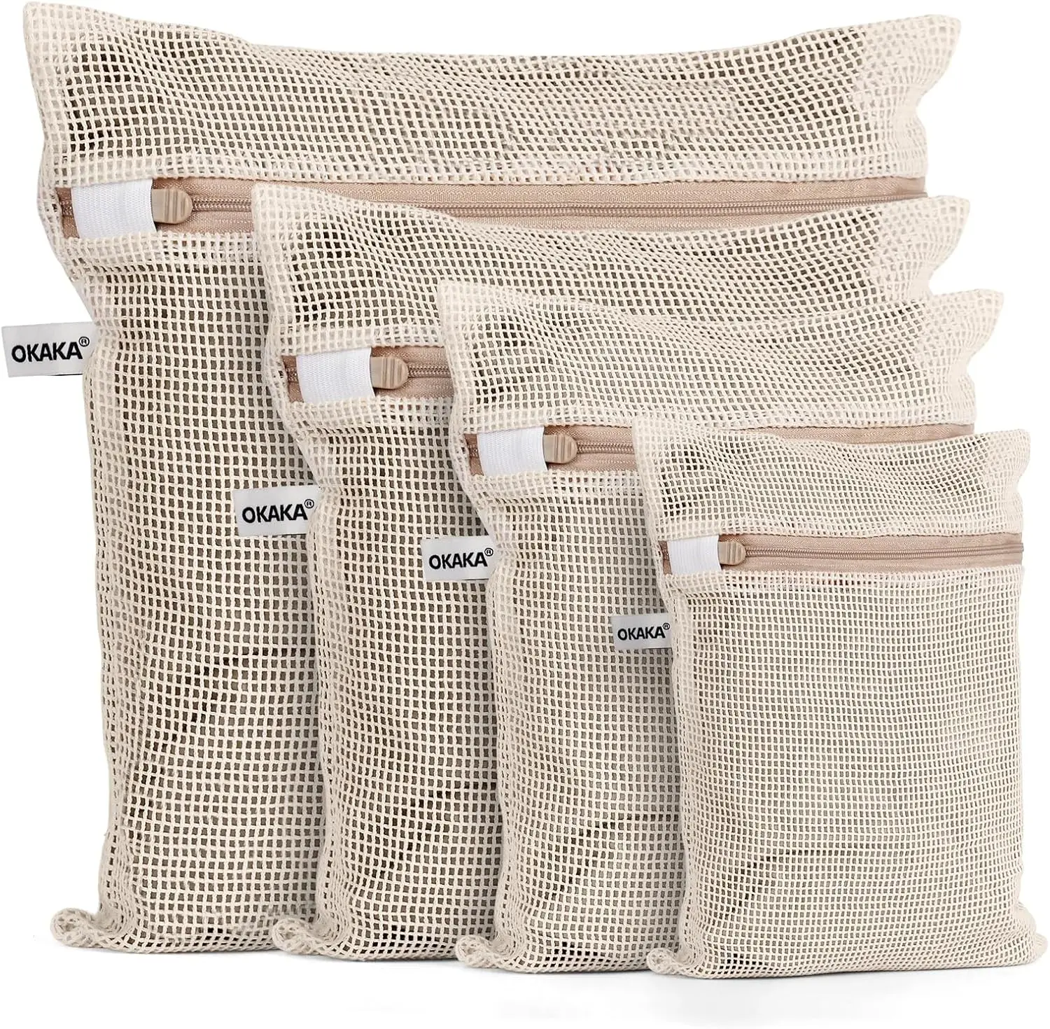 OKAKA 100% Cotton Mesh Fabric Sack Washing Bags Set of 4 - Soft, Organic, No-Dye, Breathable, Durable, Eco-Friendly Zippered Laundry Accessory for Machine Wash, Extra Large Anti-Snagging Garment Bag for Cleaning Socks