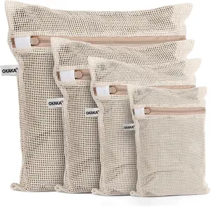 OKAKA 100% Cotton Mesh Laundry Bags, Premium Soft, No Dye, Set of 4, Natural