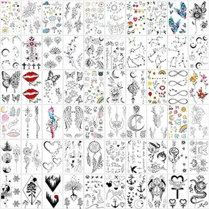 60 Sheets Tiny Waterproof Temporary Tattoos, Moon Stars Constellations Music Compass Anchor Words Lines Flowers for Kids Adults Men and Women