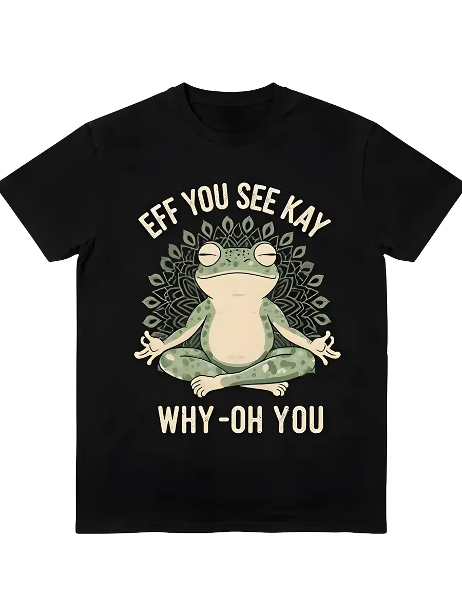 Women's Casual Vintage Short-Sleeve Top - Funny EFF YOU SEE KAY Frog Meditation Graphic T-Shirt, Retro Cream Text Tee with Green Mandala Art, Oversized Streetwear, Shortsleeve