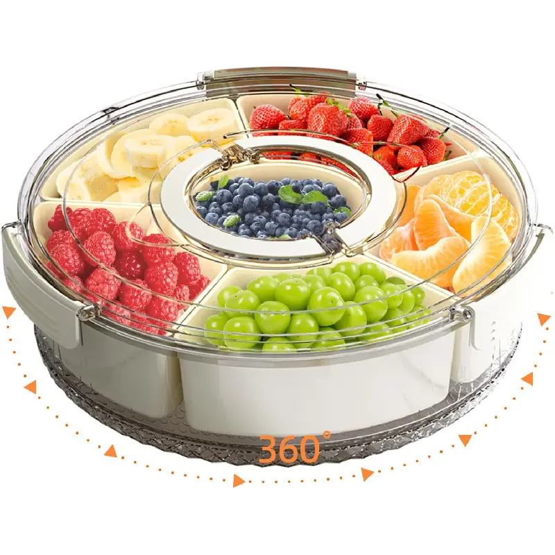 Divided Serving Tray with Lid and Handle, Stackable Snackle Box Container for Fruits Candy Organizer, Portable Spinning Rounded Veggie Tray for Kitchen, Party, Trave and Picnic-1 PACK
