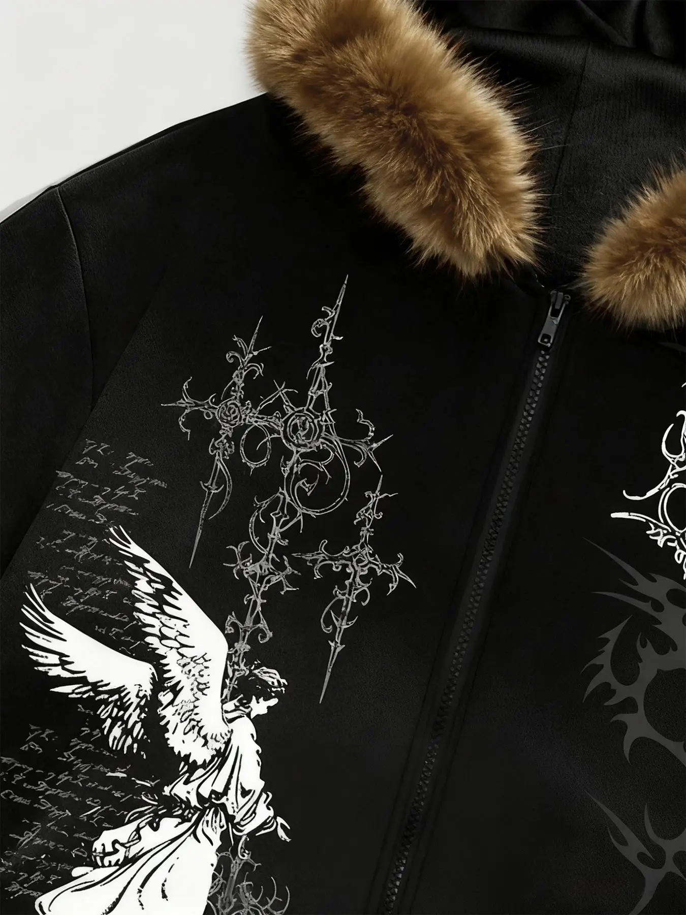 Unisex Y2K Gothic Graphic Angel Print Hooded Jacket, Fleece Lined