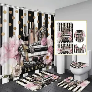 1/4pc Floral Pattern Bathroom Decor Set, including shower curtain, toilet U-shaped mat, bathroom mat, and toilet seat cover. Perfect for bathroom decoration, and beautifying the space. Comes with 12 shower curtain hooks. Bathroom Decoration Accessories