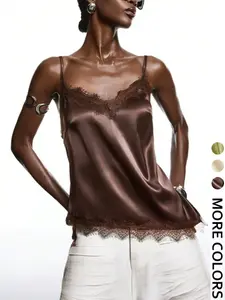 Vintage Colorblock Lace Satin Halter Top, Lace Blouse, Dark Women's Shirt, Smooth Chocolate Satin Top, Elegant Ladies' Clothing
