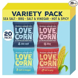 LOVE CORN Fab Four - Sea Salt, BBQ, Salt & Vinegar, Hot Spicy 0.7oz x 20 Delicious Crunchy Corn Healthy Family Snacks Gluten Free, Kosher, NON-GMO Alternative for Chips, Nuts, Crackers Pretzels
