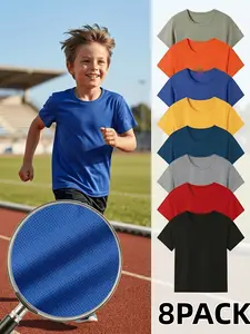 Boys'  Loose-Fit T-Shirt 8-Piece Set — Breathable Mesh, Quick-Drying Athletic  featuring Solid Colors with Side Stripe Designs. A Durable, Washable Multi-Pack Ideal for Outdoor Wear; Suitable for Ages 4 to 18. summer top casual round neck short sleeve boy