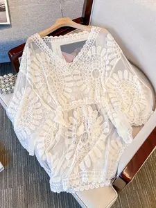 Boho Women's Beach Bikini Cover-Up, Embroidered Mesh Hollow Out Thin Hooded Tie Front Sun Protection Top, Casual All Seasons Fashion, Swimsuit Cover Ups