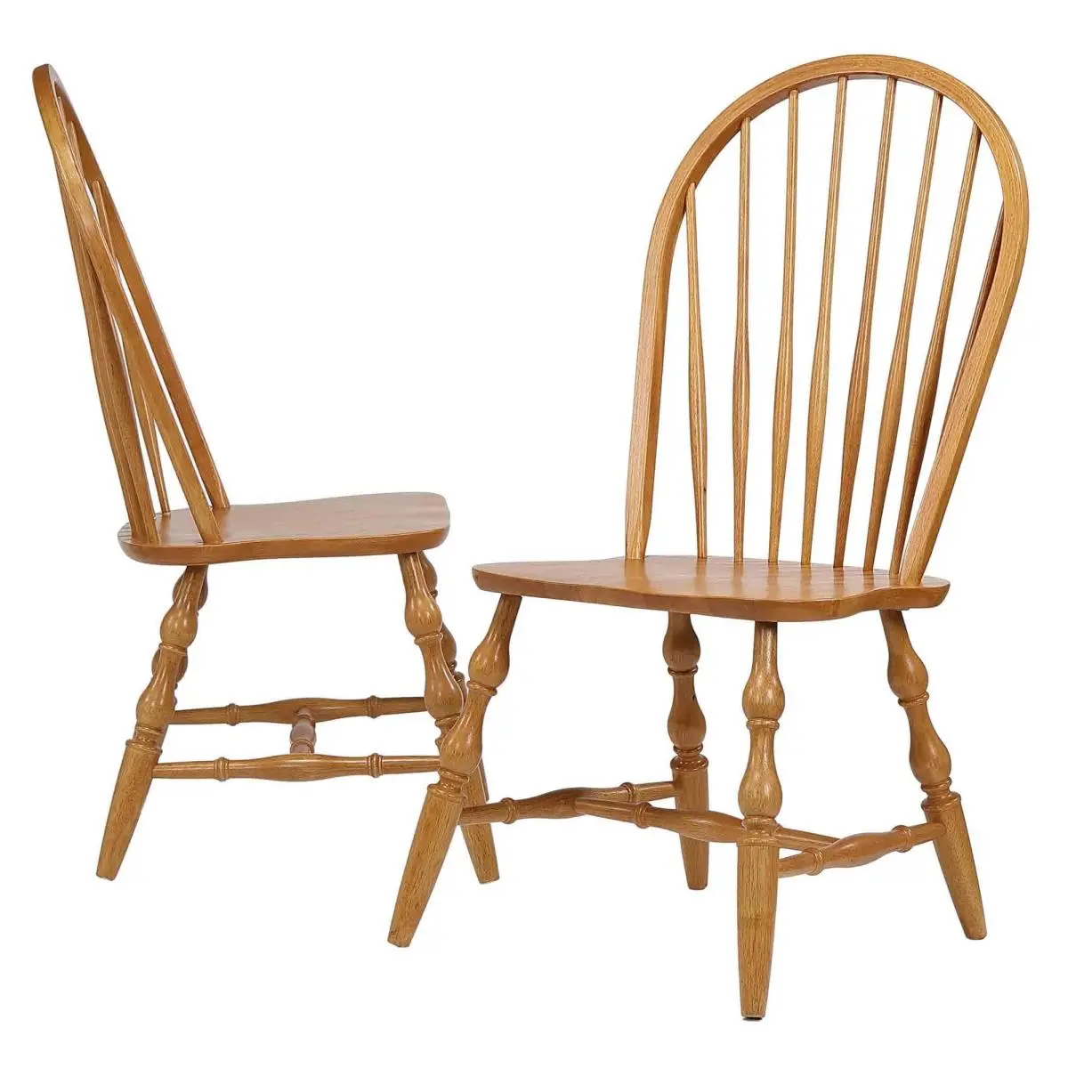 Set of 2 Sturdy Windsor Style Dining Chairs - Oak Selections Traditional Spindleback, Distressed Light Oak/Rubberwood, Turned Legs, Steel Brackets, 41"h x 20.5"w x 22"d, 42 lbs, Fully Assembled