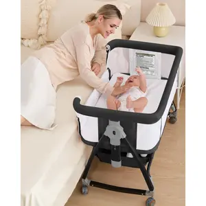 3-in-1 baby bassinet crib with breathable mesh, bedside sleeper with wheels, mosquito net, storage basket, 6 height adjustments, easy to assemble, multifunctional bassinet for newborn babies