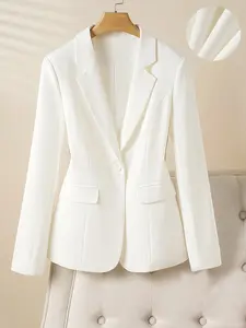 Women's Fashionable Chic Elegant Long Sleeve Button Front Fitted Blazer Jacket, Spring & Fall Office Wear, Casual Commuter Style, Plain Design with Pockets