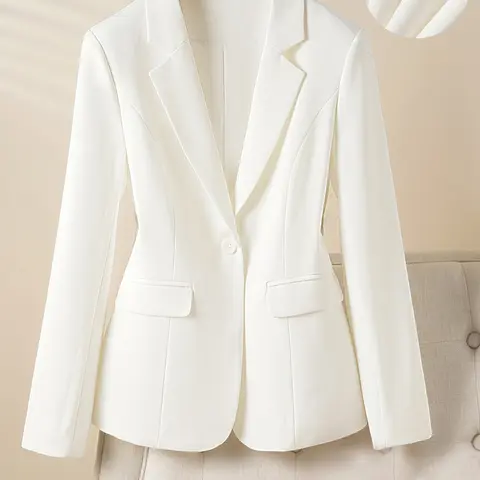 Women's Fashionable Chic Elegant Long Sleeve Button Front Fitted Notch Lapel Blazer Jacket, Spring & Fall Office Wear, Casual Commuter Style, Plain Design with Pockets