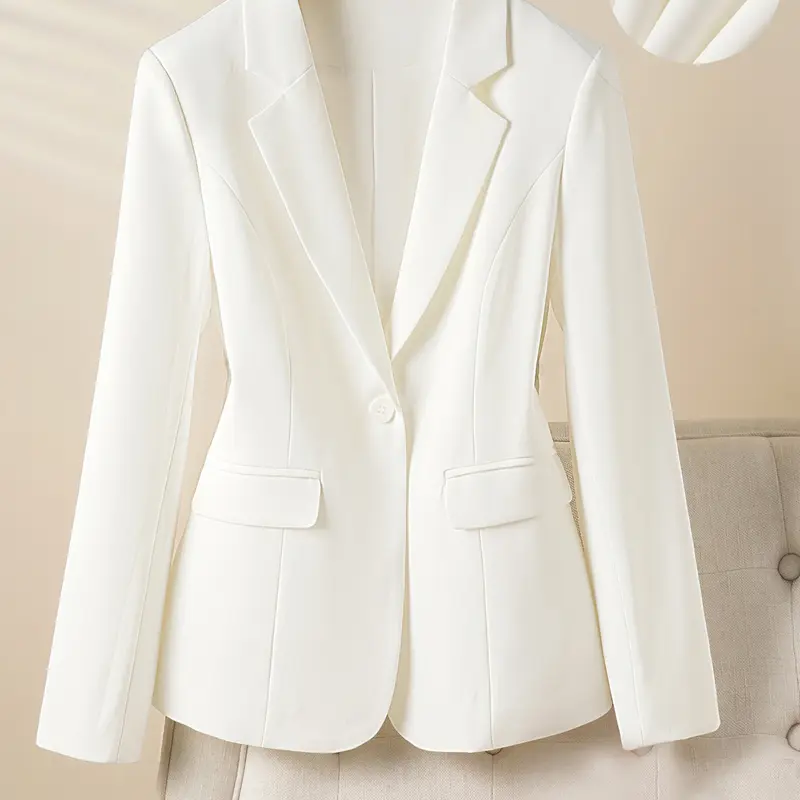 Women's Fashionable Chic Elegant Long Sleeve Button Front Fitted Notch Lapel Blazer Jacket, Spring & Fall Office Wear, Casual Commuter Style, Plain Design with Pockets