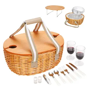 Picnic Basket for 2 - Wicker Picnic Set with Wine Table | Willow Basket Kit with Insulated Cooler Bag for Camping, Outdoor, Christmas, Party(Beige)
