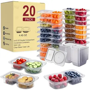20 Pack Reusable Snack Containers with Lids, Double Compartment Snack Containers for kids & Adults -2 Compartment Condiment Containers, Dishwasher & Microwave Safe, for Portion Control, Meal Prep Kitchen Utensils
