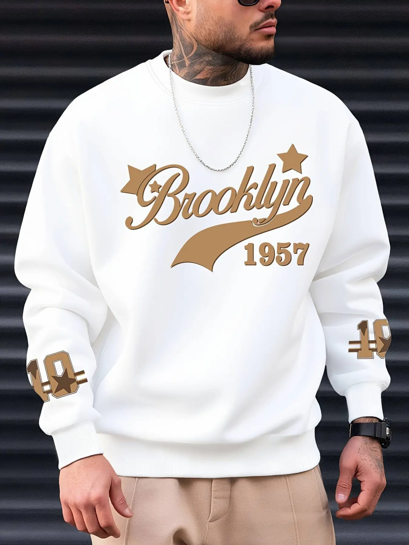 Men's Classic Vintage Street Wear Graphic Print Fleece Long Sleeve Fitted Sweatshirt, Casual Round Neck Top for Fall & Winter, Versatile and Comfortable, Fitted Casual Fashion