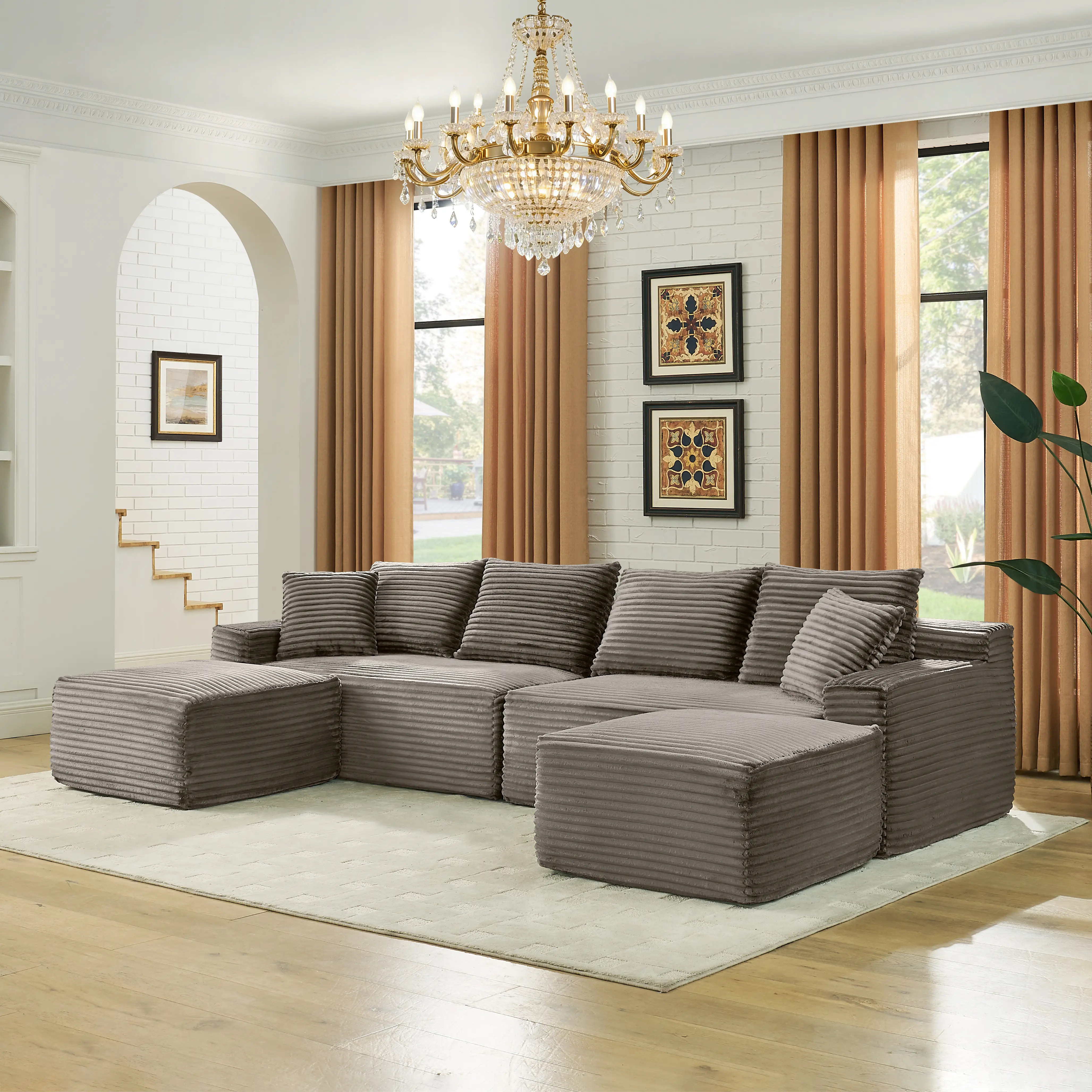 115" Comfy U-Shaped Sectional Couch – Boneless-Style Corduroy Fabric with Chaise Lounge & Ottoman, No-Tool Setup, Deep Oversized Seats, Plush Modular Cloud Sofa for Living Room, Studio, or Family Gathering Space