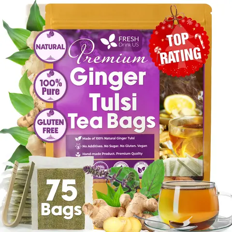 【FreshDrinkUS】 Premium 75 Ginger Tulsi Tea Bags, 100% Natural, Hand-made Blend of Ginger and Tulsi Holy Basil Leaves, Eco-conscious Tea Bags. Ginger Tulsi Herbal Tea. No Sugar, No Caffeine, Vegan.