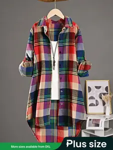 Women's Linen Woven Loose-Fit Sun Protection Gingham Shirt Blouse, Mid-Length Long Sleeve Casual Top, Plus Size Fall & Winter Open Front Cardigan Coat