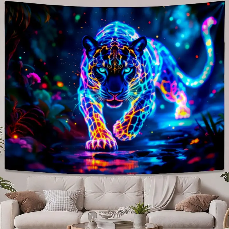 Casual Tapestry with Glowing Neon Jaguar in Jungle Print, Home Decor for Living Rooms, Room Decor Wall Art